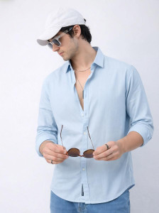 WE KAIKA Men Solid Casual Blue Shirt