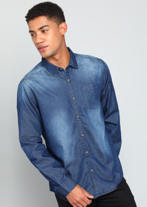 HIGHLANDER Men Washed Casual Dark Blue Shirt