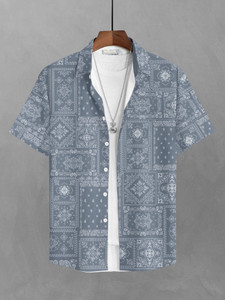 Bullmer Men Printed Casual Grey, White Shirt