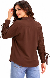 Designally Women Solid Casual Brown Shirt