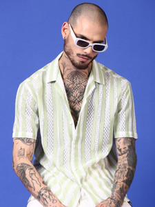 Voroxy Men Striped Casual Green Shirt