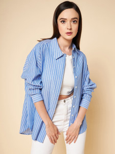 High Star Women Striped Casual Light Blue, White Shirt