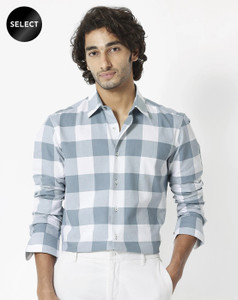 RARE RABBIT Men Checkered Casual Blue Shirt