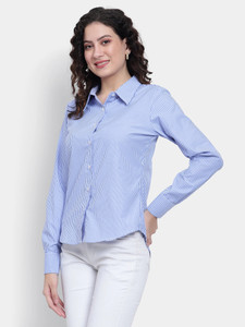 Nksa Fashion Women Striped Casual Blue, White Shirt