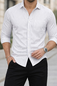 MILDIN Men Striped Casual White Shirt