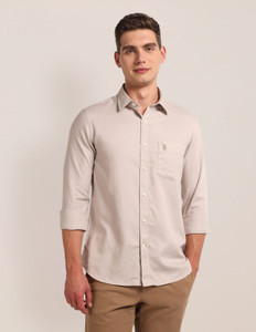 U.S. POLO ASSN. Men Solid Casual Beige Shirt