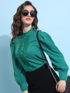 Tokyo Talkies Women Solid Casual Green Shirt