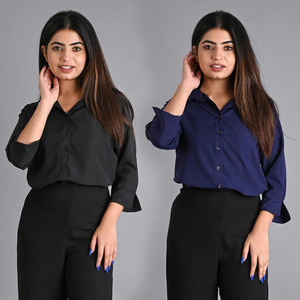 MAGHMA Women Solid Casual Black, Blue Shirt