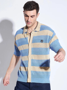 FUGAZEE Men Striped Casual Blue, Beige Shirt