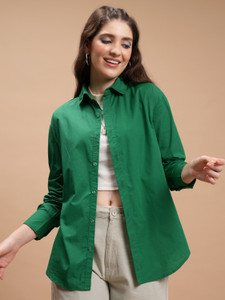 Tokyo Talkies Women Solid Casual Green Shirt