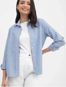 TIGERSNAKE Women Striped Casual Blue Shirt