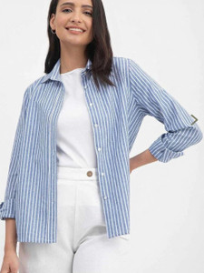 TIGER SNAKE Women Striped Casual Blue Shirt