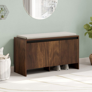 BLUEWUD Mavis Shoe Stand with Cushioned Seating, Shoe Storage Cabinet Organiser Stand Engineered Wood Shoe Rack