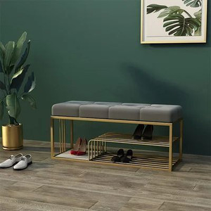 Unique Arts Shoppee Entryway Bench Shoe Rack For Living Room,Stable Shoe Rack With Soft Cushion-Grey Metal Shoe Rack
