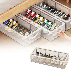 Meneflix Foldable Shoe Box Under Bed Storage Organizer, Storage Container with Handle Plastic Shoe Stand