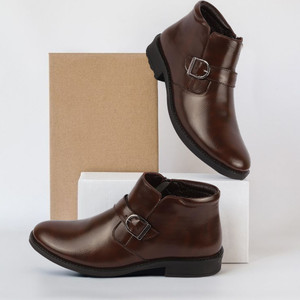 FAUSTO Mid Top Buckle Design Side Zipper Single Strap Monk Boots For Men