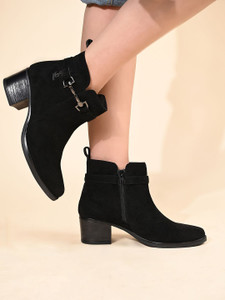 LOUIS STITCH Black Elegant Neck Belt Buckle Mid-Top Chelsea Boots, Slip-On Boots for Women Boots For Women