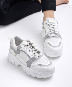 SHOETOPIA Lace-up Detail Grey Chunky Sneakers For Girls Casuals For Women