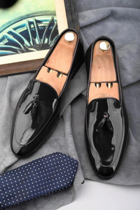 HERE&NOW Black Patent Casual Tassel Shoes Loafers For Men
