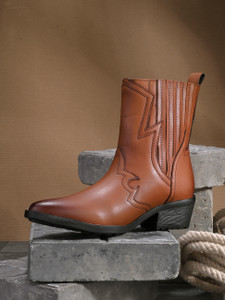EL PASO EL PASO Women Tan Faux Leather Casual Slip On Cowboy Boots Boots For Women