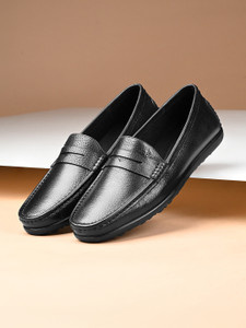 LOUIS STITCH Jet Black Milled Leather Loafers for Men, Lightweight Slip-On Shoes, UK-9 Loafers For Men