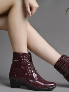 SHOETOPIA Patent Leather Lace-Up Ankle – Glossy Finish Boots For Women & Girls महिलाओं के लिए बूट्स