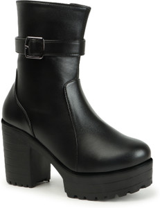 STRASSE PARIS Black Platform Heeled Boots with Buckles For Womens & Girls Boots For Women