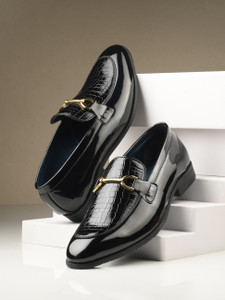 House of Pataudi Men Black Patent Shine Glossy Textured Formal Slip On Loafer Shoes Slip On For Men