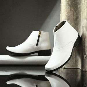 Shoe Island Men's White Leather Chelsea Boots | Zip Ankle Length Party Casual Shoes for Men Boots For Men