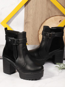 KILLER Women's Round Toe Ankle Boots Buckle Zipper Chunky Block Heel Boots for Women Boots For Women