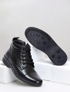 Zoom Shoes Genuine Leather High Ankle Boots Lace-up & Zipper Cushioned Insole Daily Comfort Boots For Men