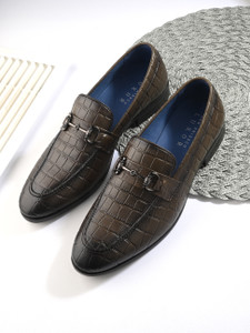 SAN FRISSCO Men olive green genuine leather slip ons formal loafers Loafers For Men