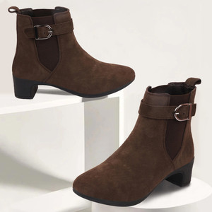 FAUSTO Flared Heel High Ankle Suede Leather Classic Winter Buckle Strap Chelsea Boots For Women