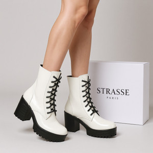 STRASSE PARIS Amazing Design Women's Ankle Length Block Heel Stylish Fashionable White Boots Boots For Women