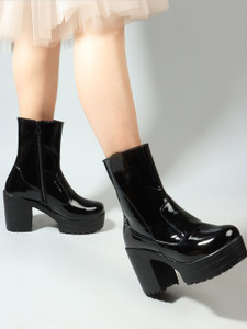 Franino Paris Bold and Breezy Black Patent Leather Ankle Length Heeled Boots for Women & Girls Boots For Women