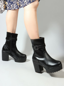 KILLER Black Platform Heeled Boots with Buckles For Womens & Girls Boots For Women