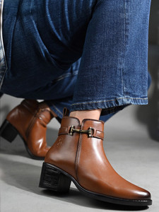 LOUIS STITCH Tan Elegant Antique Buckle Mid-Top Ankle Chelsea Boots, Slip-On Boots for Women Boots For Women