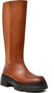 Nico Nerini Women's Knee-High Tan Leather Boots with Chunky Platform and Side Stretch Panel Boots For Women