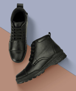ERIX Pure Leather Black Ankle Length Police Zip Boots For Men