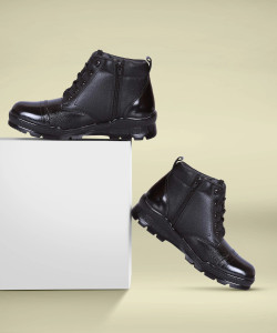 ERIX Pure Leather Ankle Length Police Zip Boots For Men