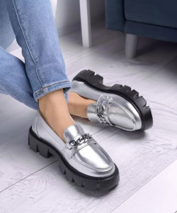 STRASSE PARIS Smart Casual Chain Detailed Silver Toned Loafers For Women & Girls Party Wear For Women