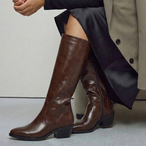 FAUSTO Knee Length Side Zipper Closure Pointed Toe Flared Heel Boots For Women