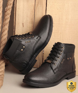 BELTRIX Men's Textured Pebbled Leather Mid-Top Boots in Black Boots For Men