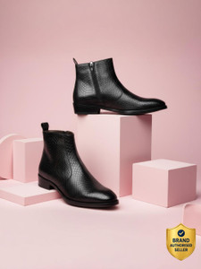 Roadster Premium Men Black Ankle Boots | Leather Textured | Zip Stylish Boots | Boots For Men