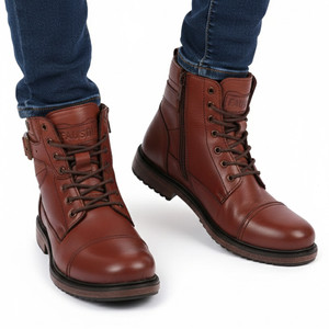 FAUSTO High Top Genuine Leather 7-Eye Lace Up Buckle Strap Work Cap Toe Winter Flat Boots For Men