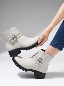 LOUIS STITCH Beige Elegant Double Buckle Mid-Top Ankle Chelsea Boots, Slip-On Boots Boots For Women