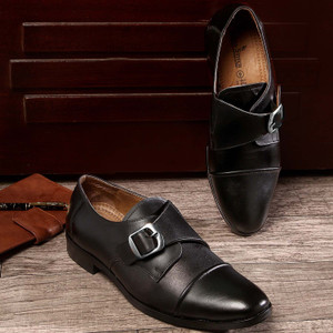 LOUIS STITCH Obsidian Black Monk Strap Shoes for Men Handcrafted Italian Leather LSRGSMJB106 Corporate Casuals For Men