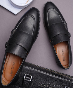 LOUIS STITCH Black Slipon Style Comfortable Monk Strap Shoes for Men (RGFM) - Size UK 12 Monk Strap For Men