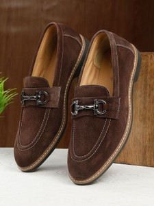 Teakwood Leathers Men's Black Suede Leather Loafers With Antique Silver Buckle Loafers For Men