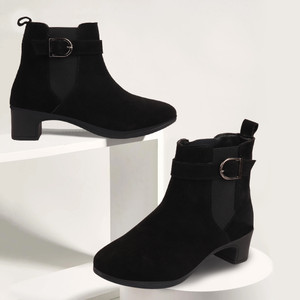 FAUSTO Flared Heel High Ankle Suede Leather Classic Winter Buckle Strap Chelsea Boots For Women